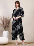 Black floral printed co-ord set with embroidery and 3/4 sleeves