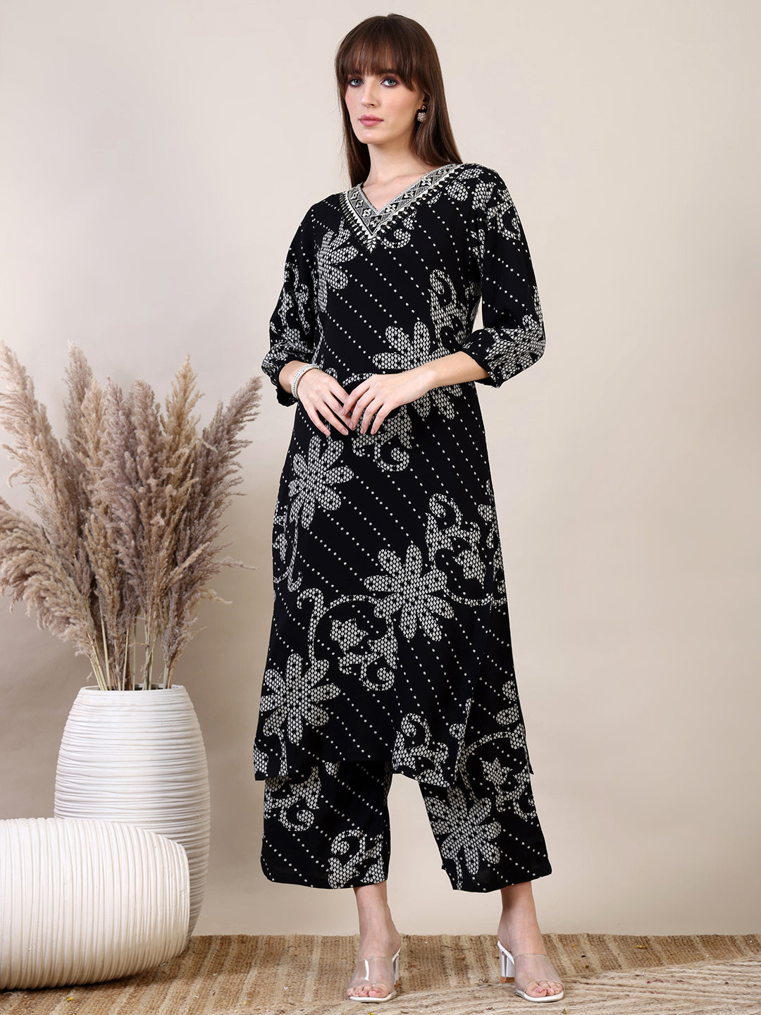 Black floral printed co-ord set with embroidery and 3/4 sleeves