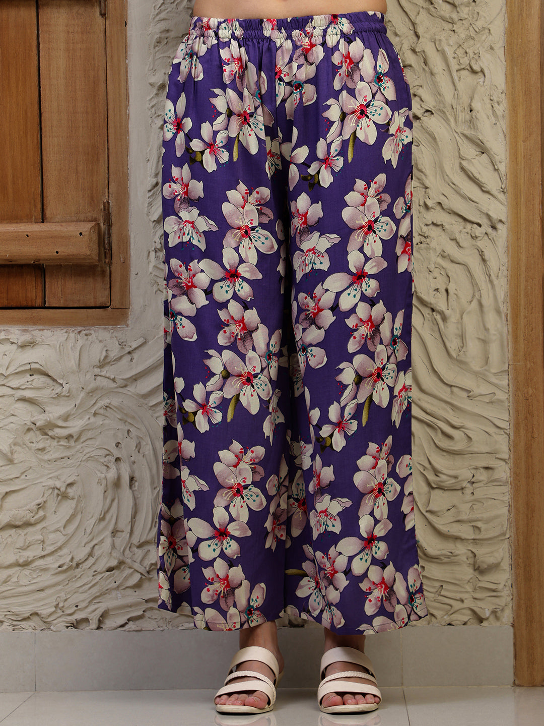 Purple Floral Printed Rayon Co-Ord Set with Palazzo Pants