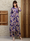 Purple floral print kurta paired with matching palazzo pants in rayon fabric.