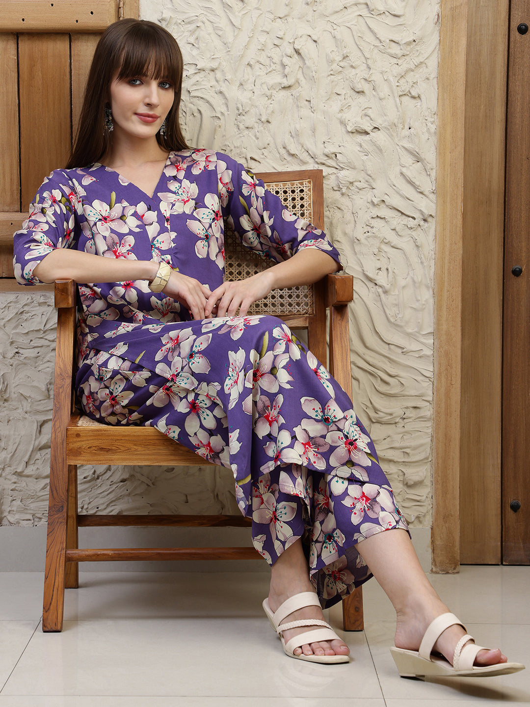 Purple Floral Printed Rayon Co-Ord Set with Palazzo Pants