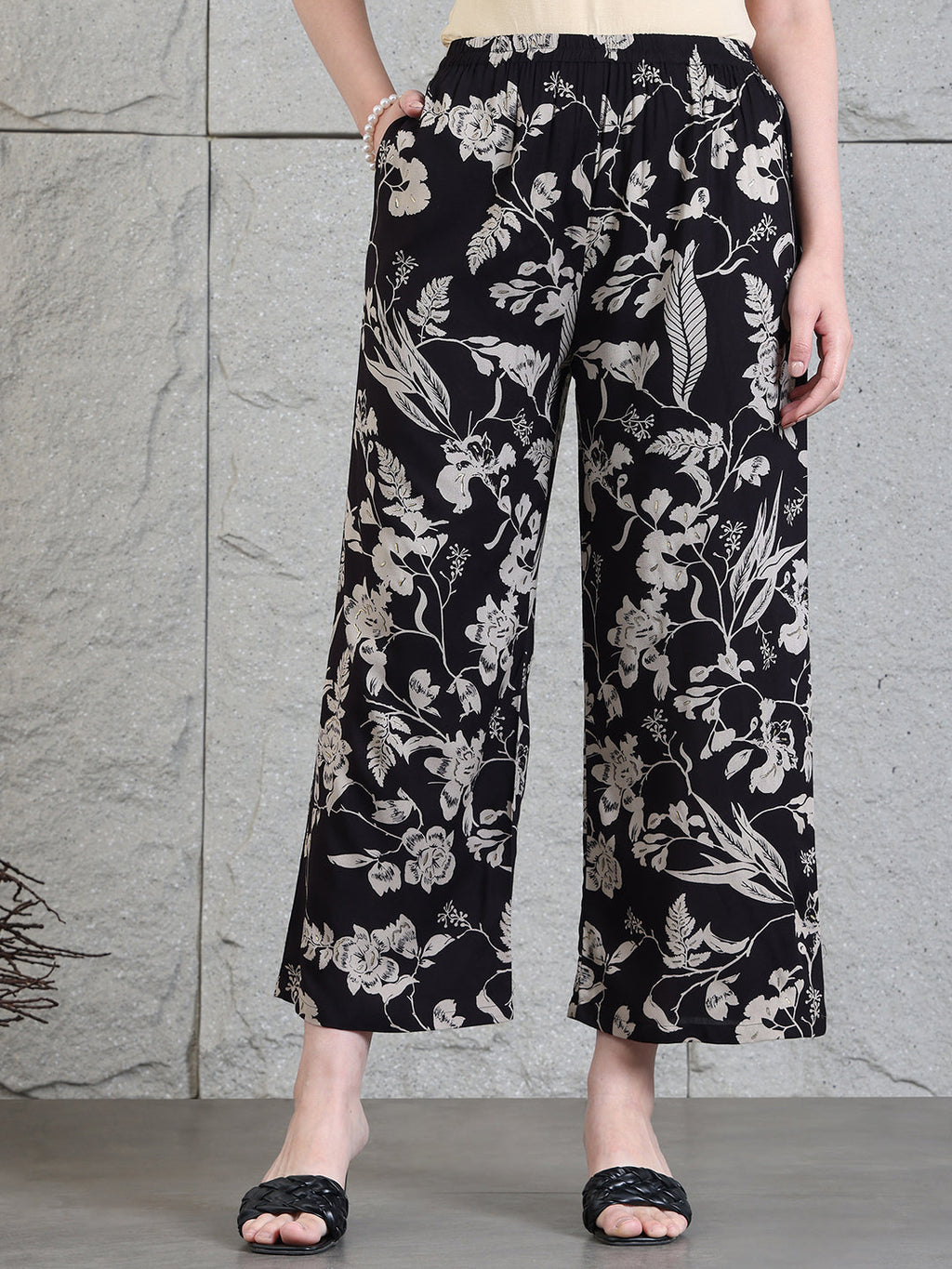 Black Botanical Printed Kurta with Palazzo Co-Ord Set