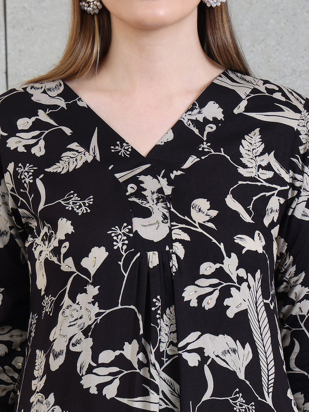 Black Botanical Printed Kurta with Palazzo Co-Ord Set