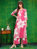 Pink floral printed embroidered kurta paired with matching palazzo pants