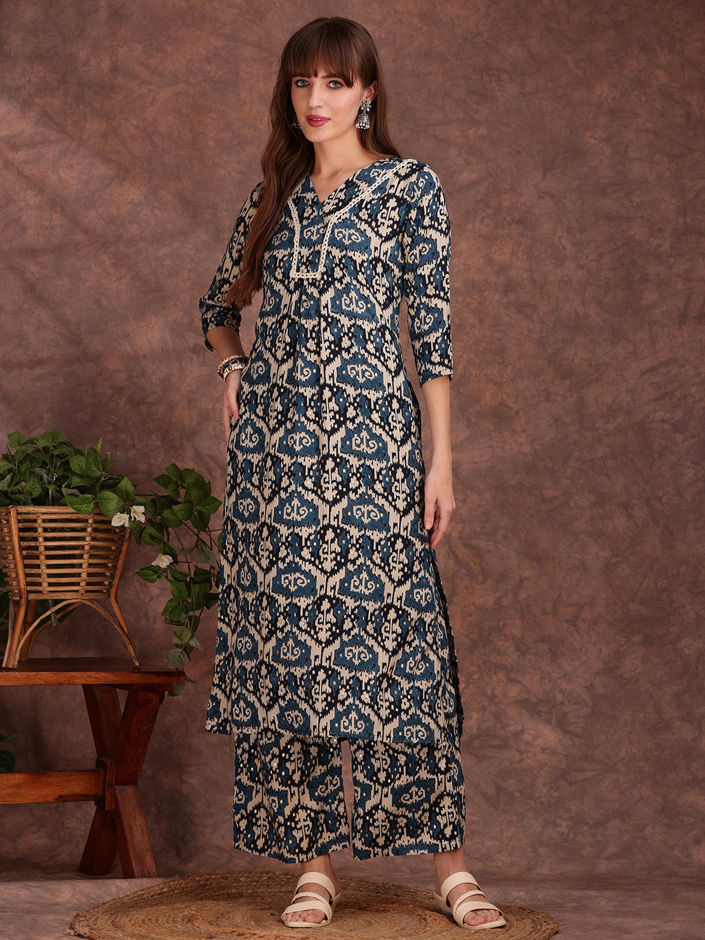 Teal Rayon Kurta Set with Ethnic Motifs and Lace Detailing