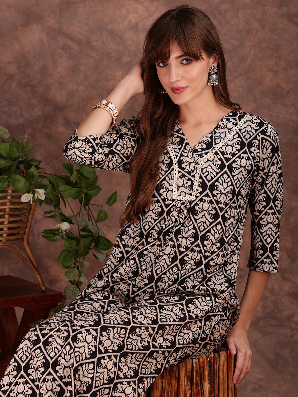 Black Ethnic Motifs Printed Kurta and Palazzo Set with Lace
