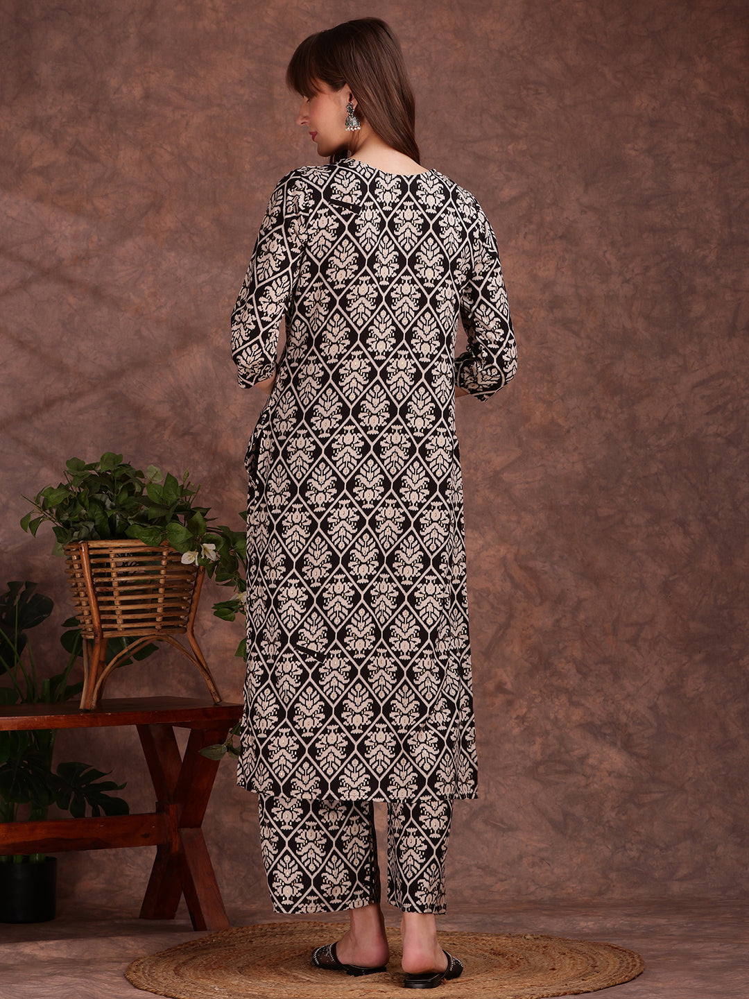 Black Ethnic Motifs Printed Kurta and Palazzo Set with Lace