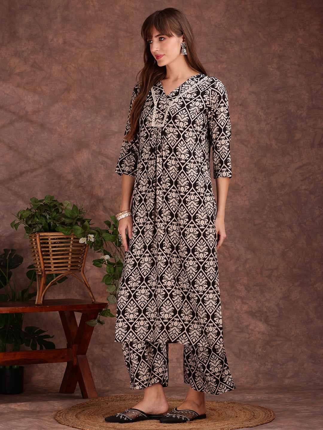 Black Ethnic Motifs Printed Kurta and Palazzo Set with Lace