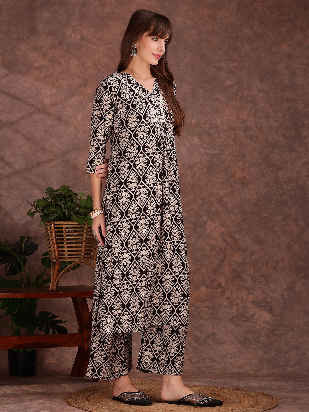 Black Ethnic Motifs Printed Kurta and Palazzo Set with Lace