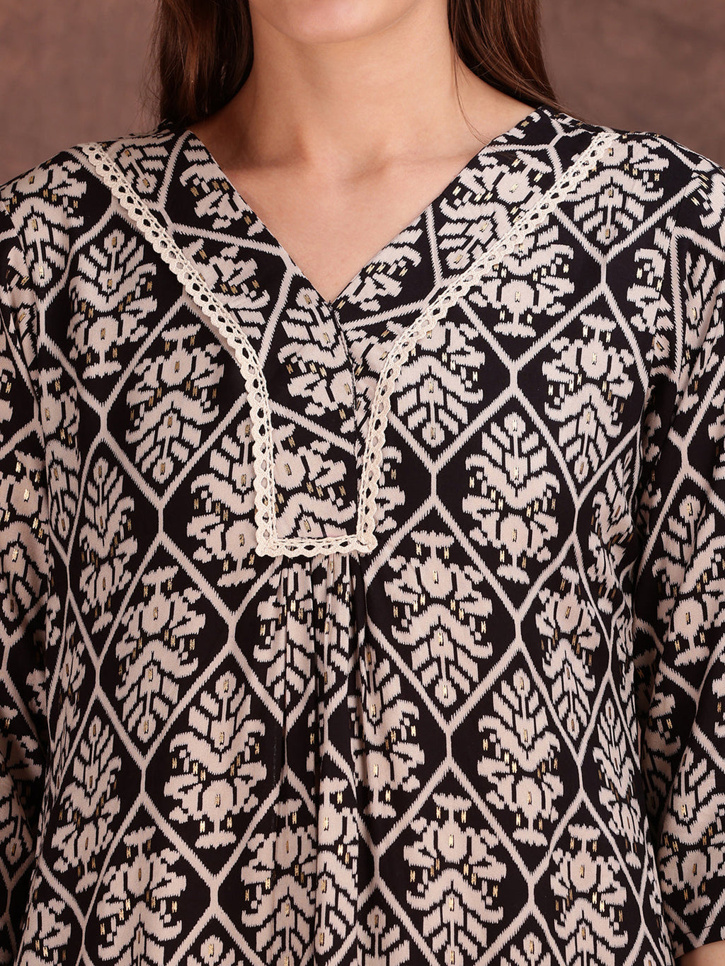 Black Ethnic Motifs Printed Kurta and Palazzo Set with Lace
