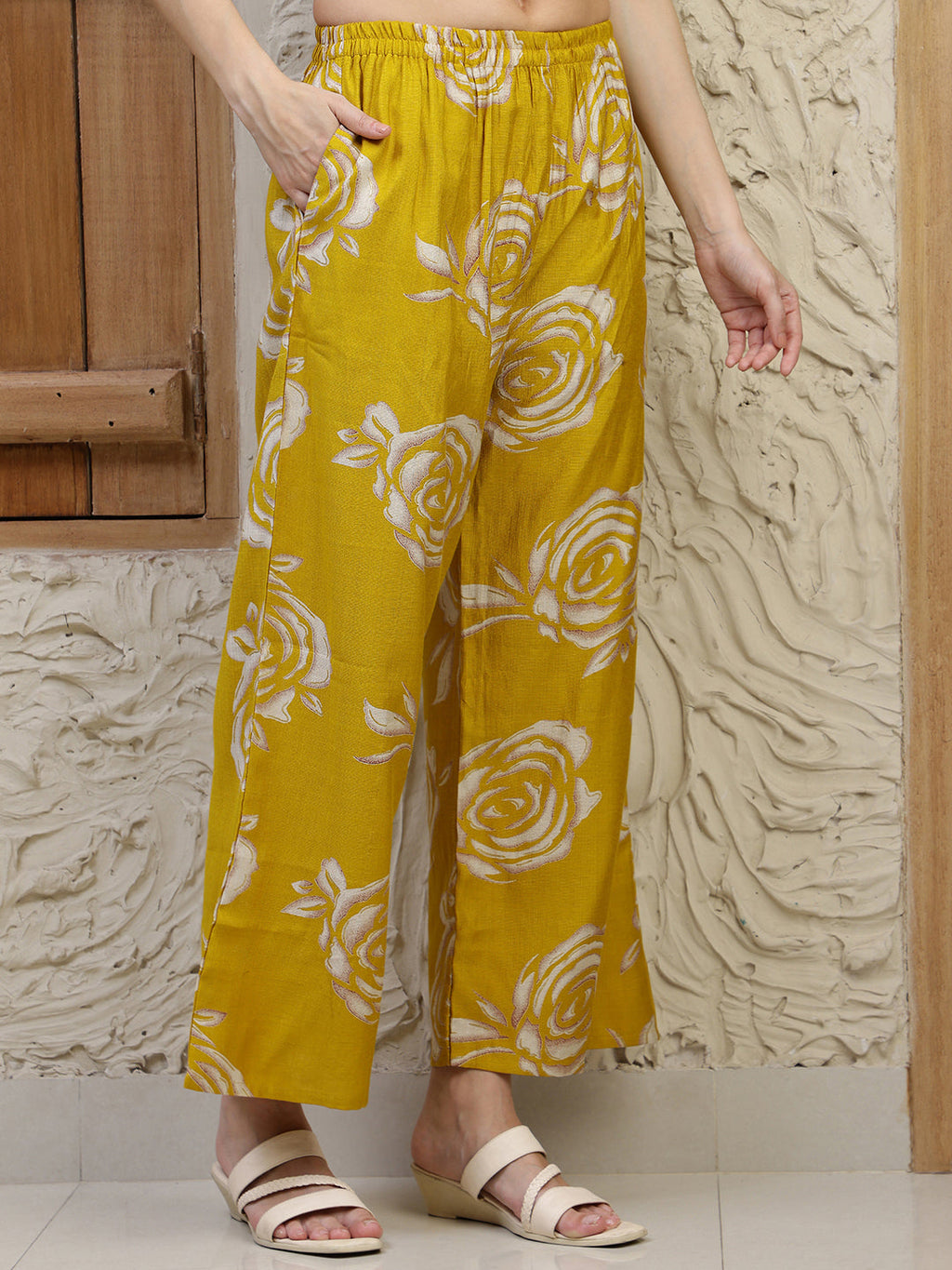 Mustard Botanical Printed Co-Ords Set with 3/4th Sleeves
