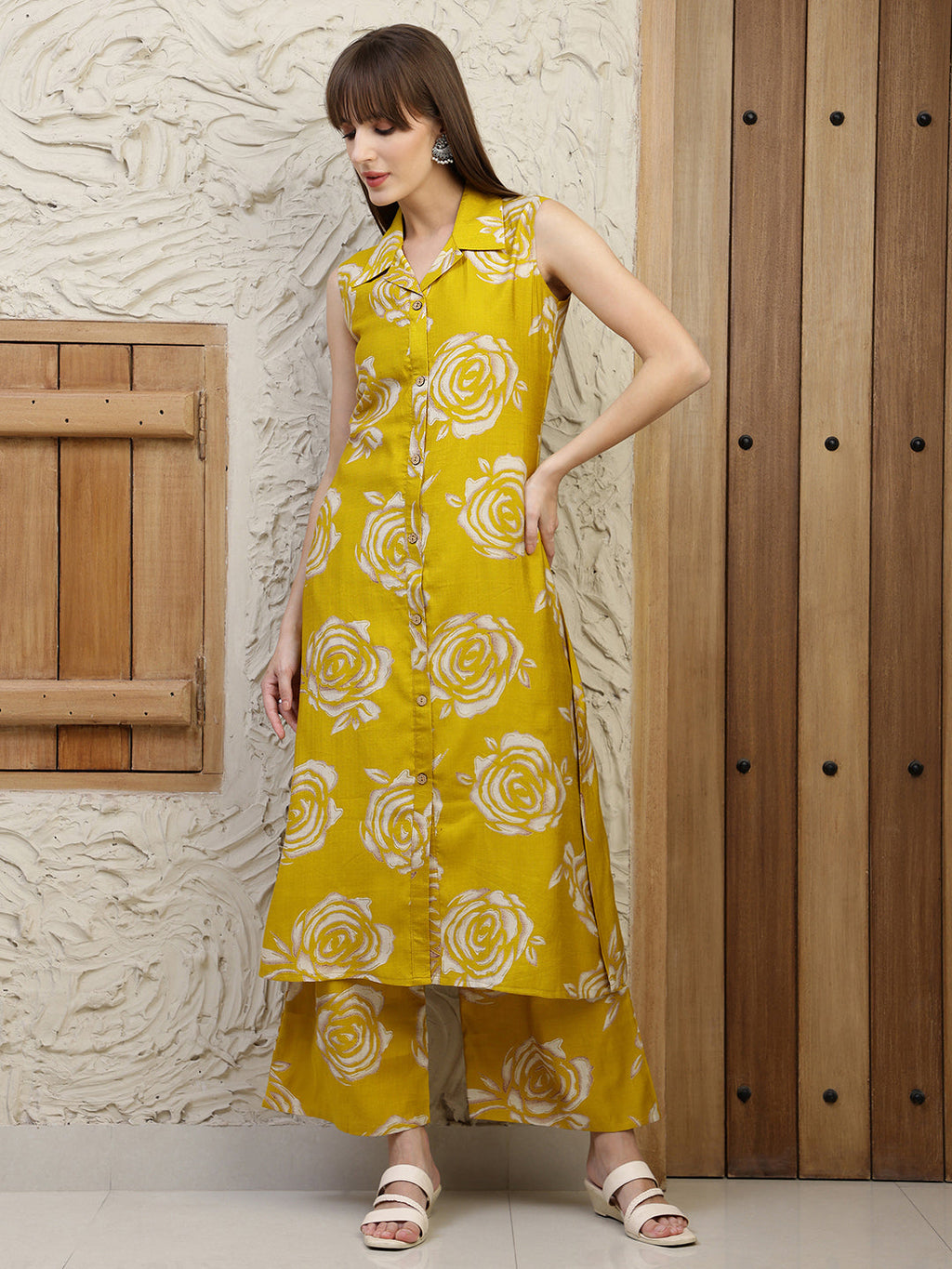 Mustard Botanical Printed Co-Ords Set with 3/4th Sleeves