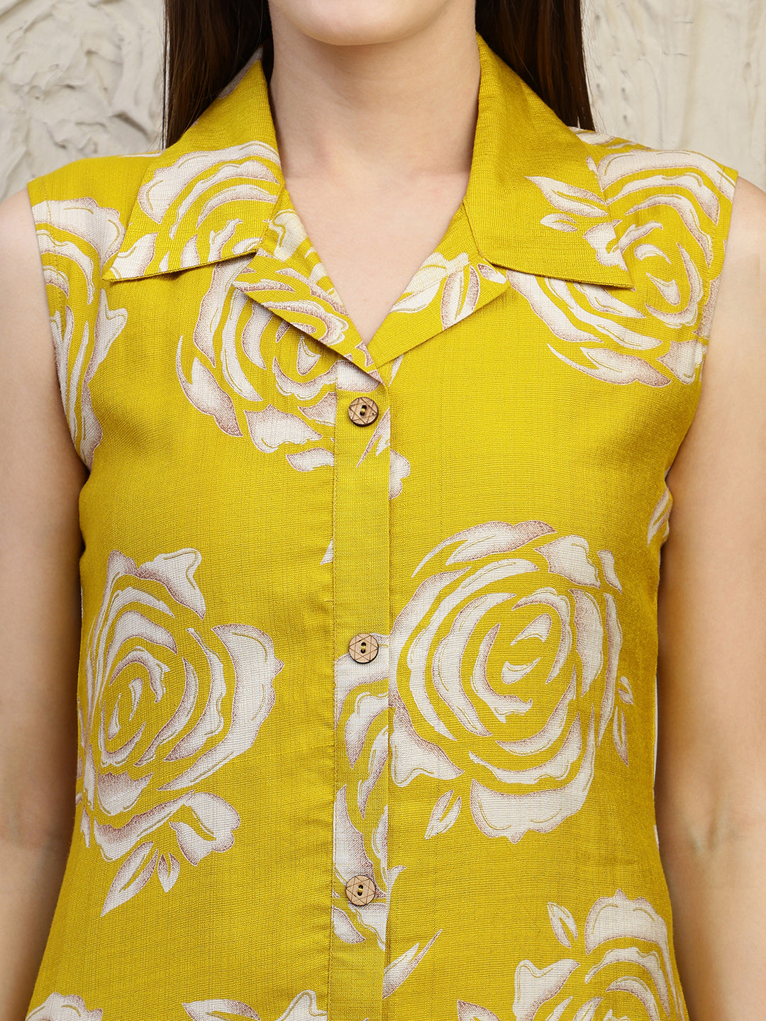 Mustard Botanical Printed Co-Ords Set with 3/4th Sleeves