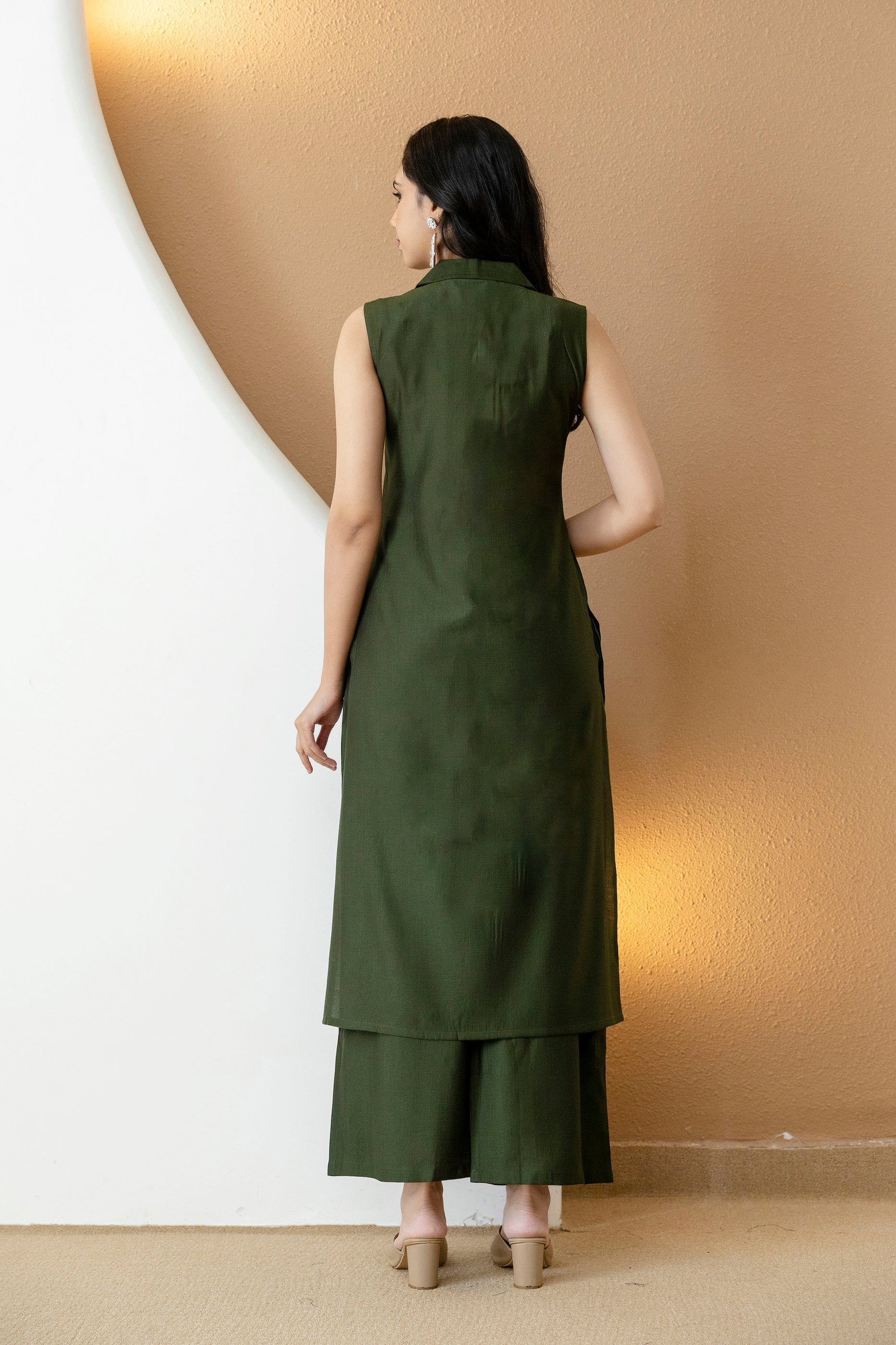 Bottle-Green Shirt Style Kurta with Palazzo Set in Silk-Blend