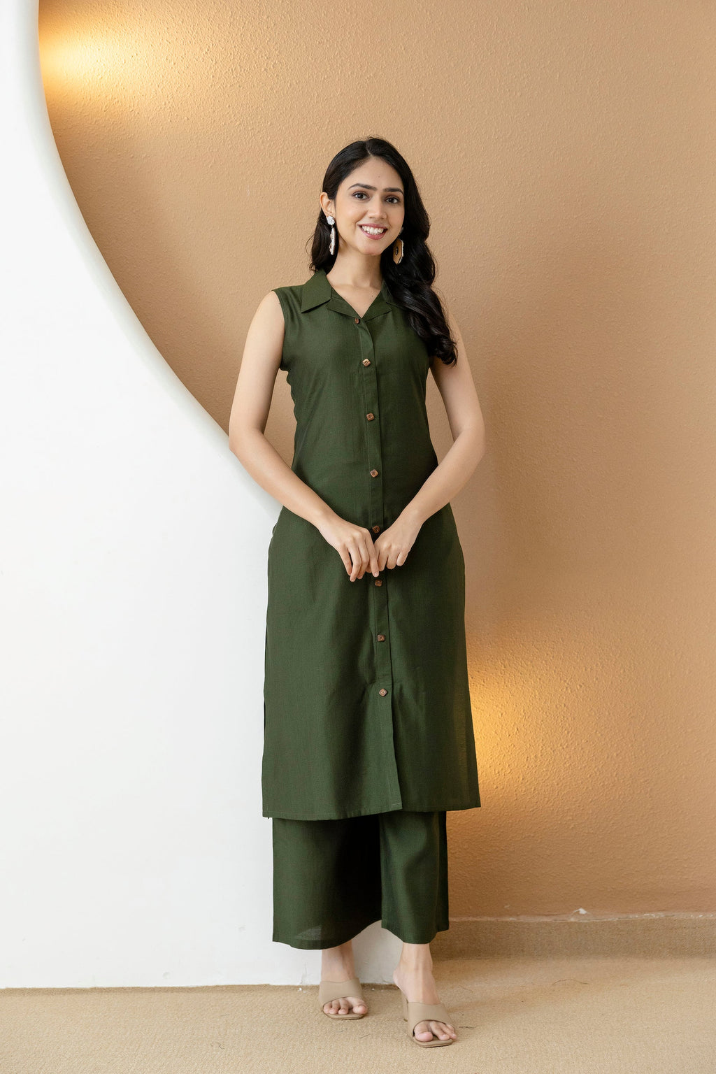 Bottle-green silk-blend shirt style kurta with matching palazzo pants