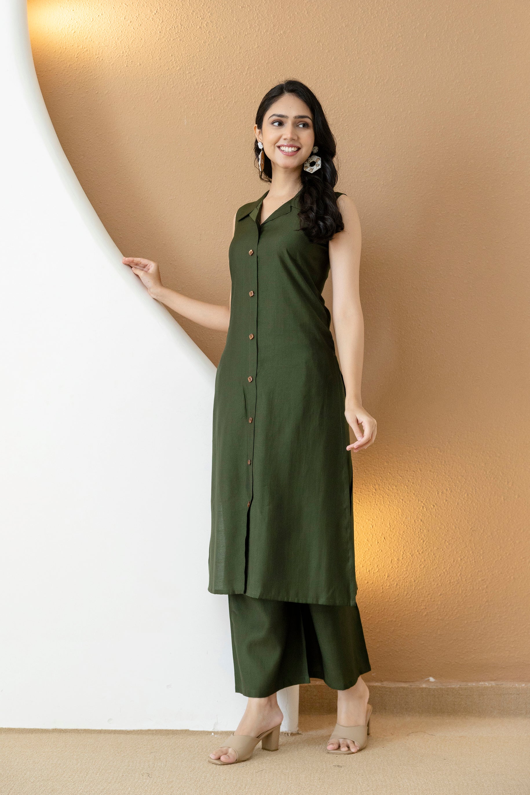 Bottle-Green Shirt Style Kurta with Palazzo Set in Silk-Blend