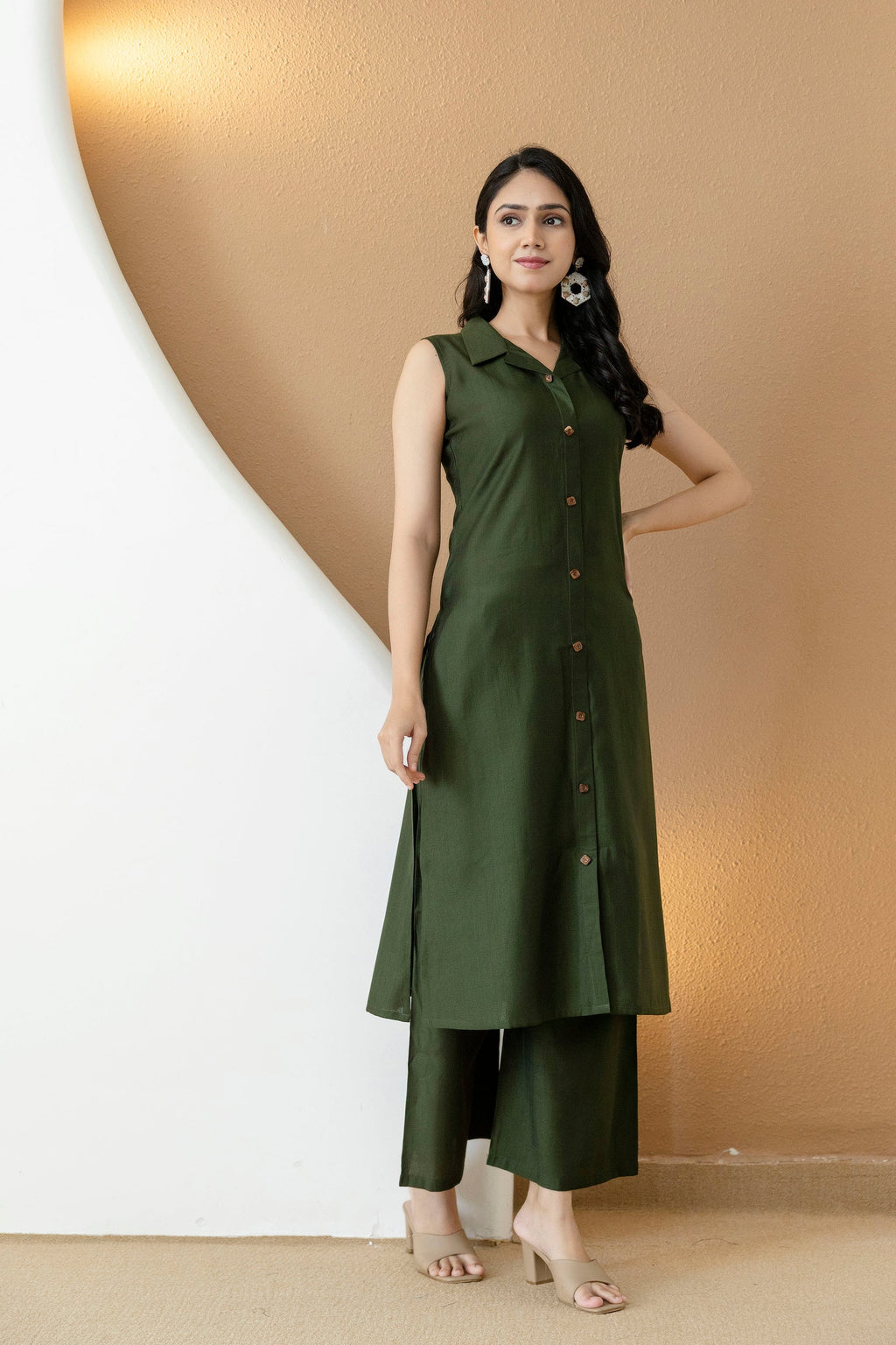 Bottle-Green Shirt Style Kurta with Palazzo Set in Silk-Blend
