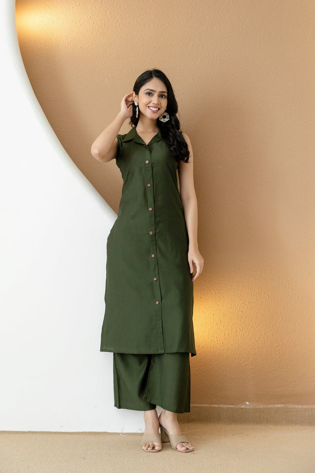Bottle-Green Shirt Style Kurta with Palazzo Set in Silk-Blend