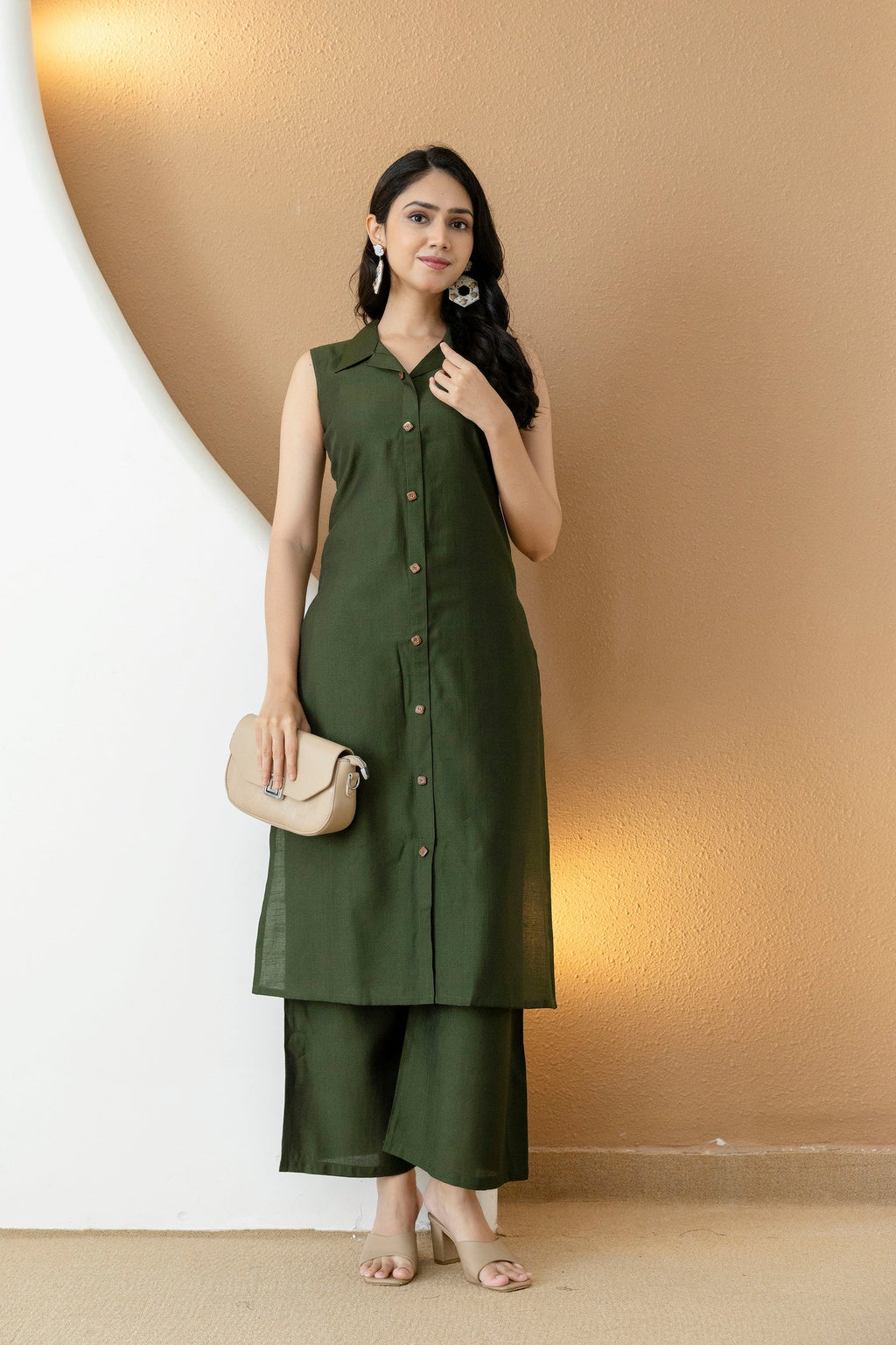 Bottle-Green Shirt Style Kurta with Palazzo Set in Silk-Blend