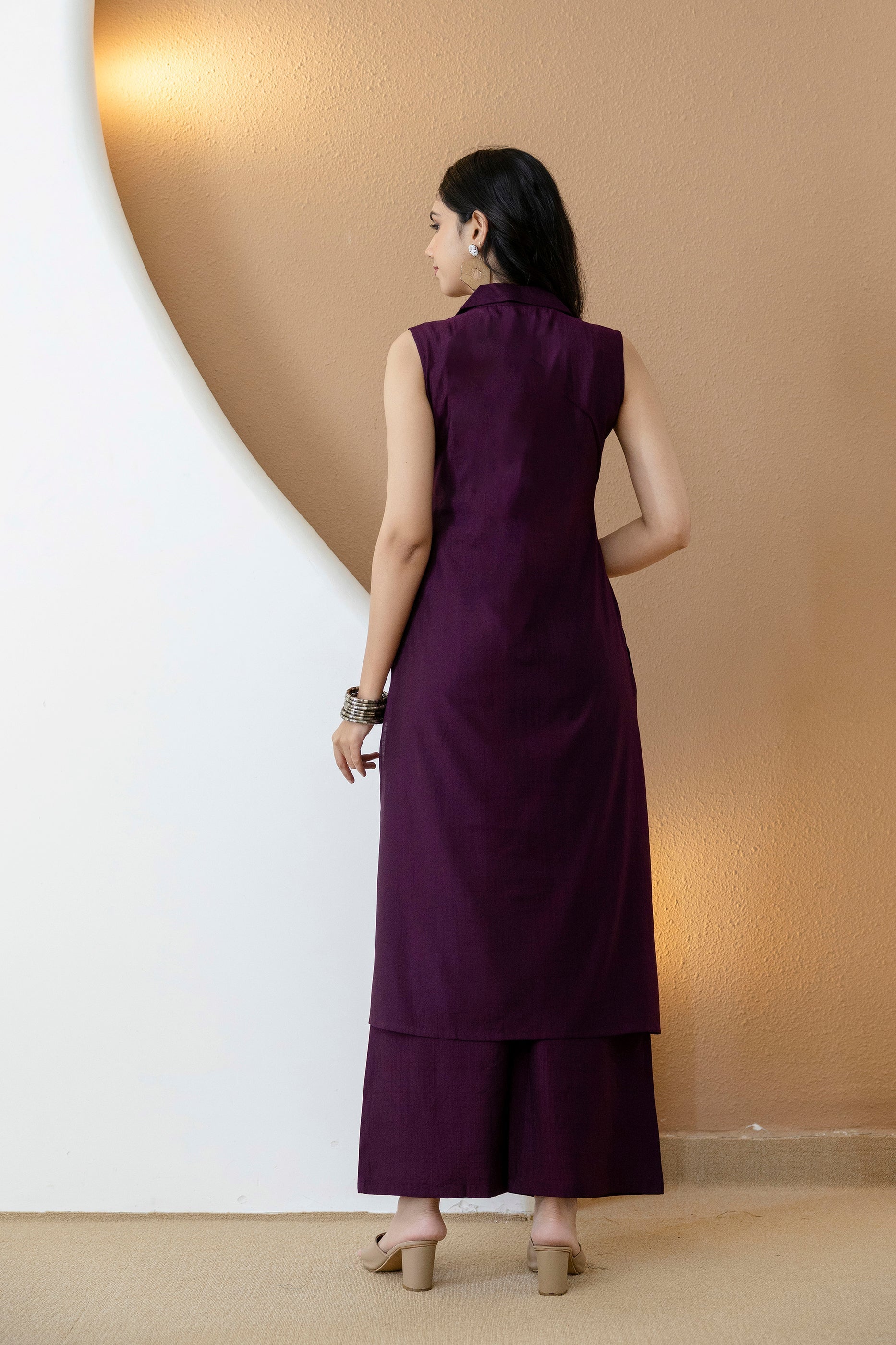 Purple Shirt Style Kurta with Palazzo Set in Silk-Blend