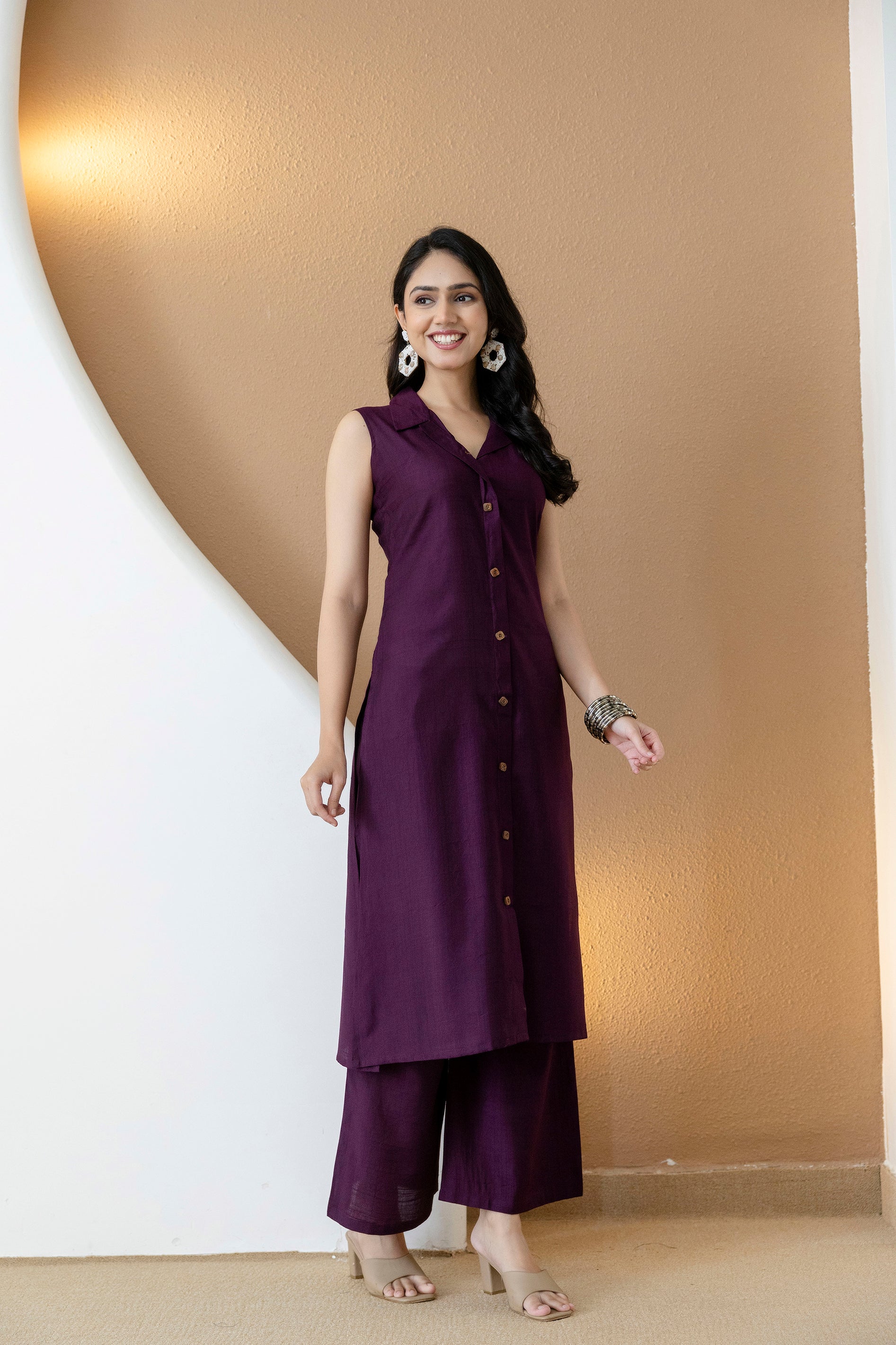 Purple Shirt Style Kurta with Palazzo Set in Silk-Blend