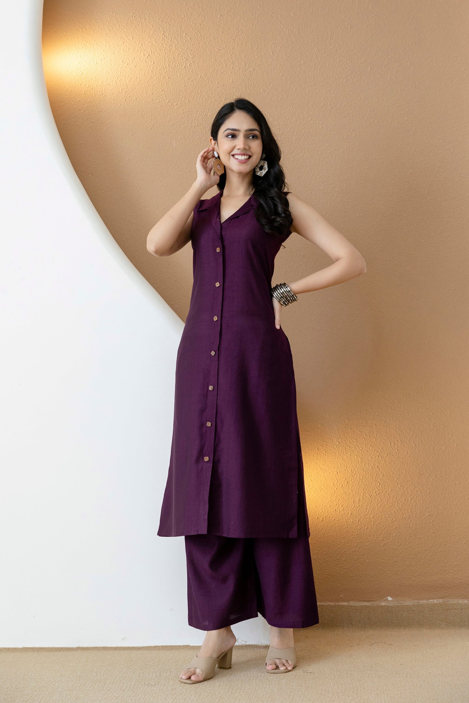 Purple Shirt Style Kurta with Palazzo Set in Silk-Blend