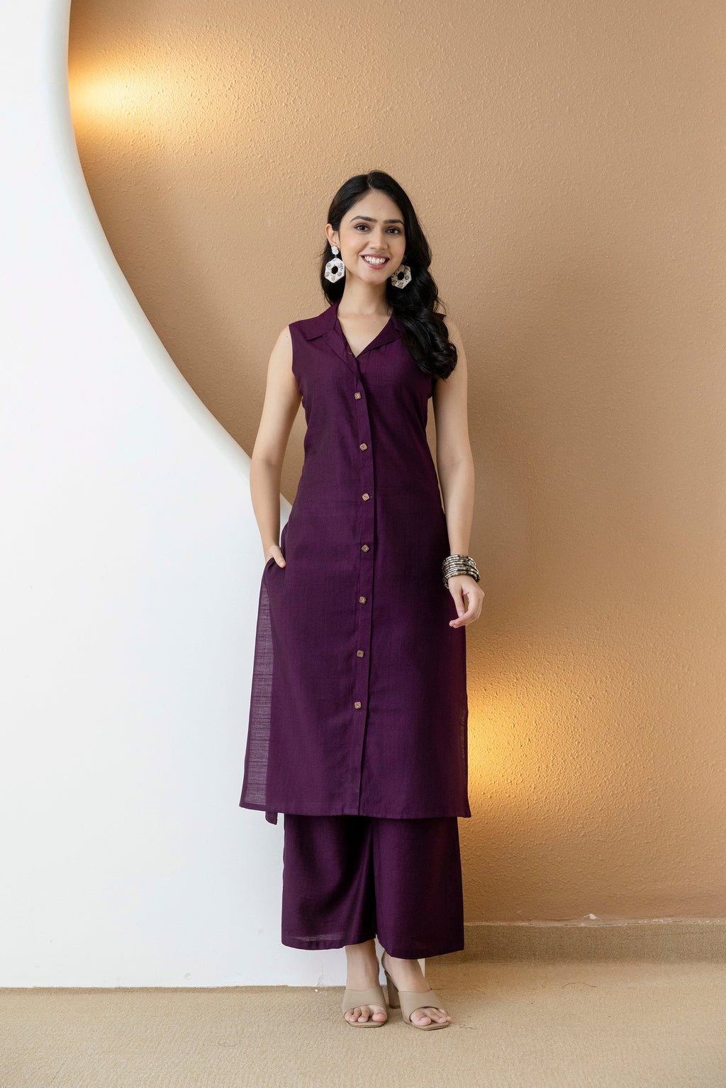 Purple Shirt Style Kurta with Palazzo Set in Silk-Blend