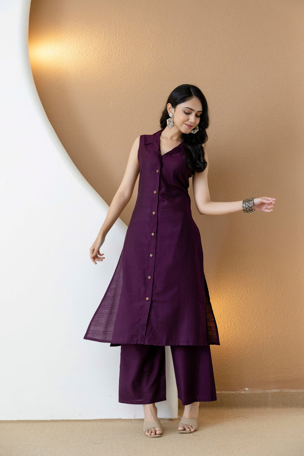 Purple Shirt Style Kurta with Palazzo Set in Silk-Blend