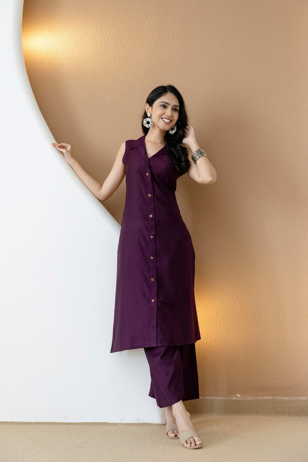 Purple Shirt Style Kurta with Palazzo Set in Silk-Blend