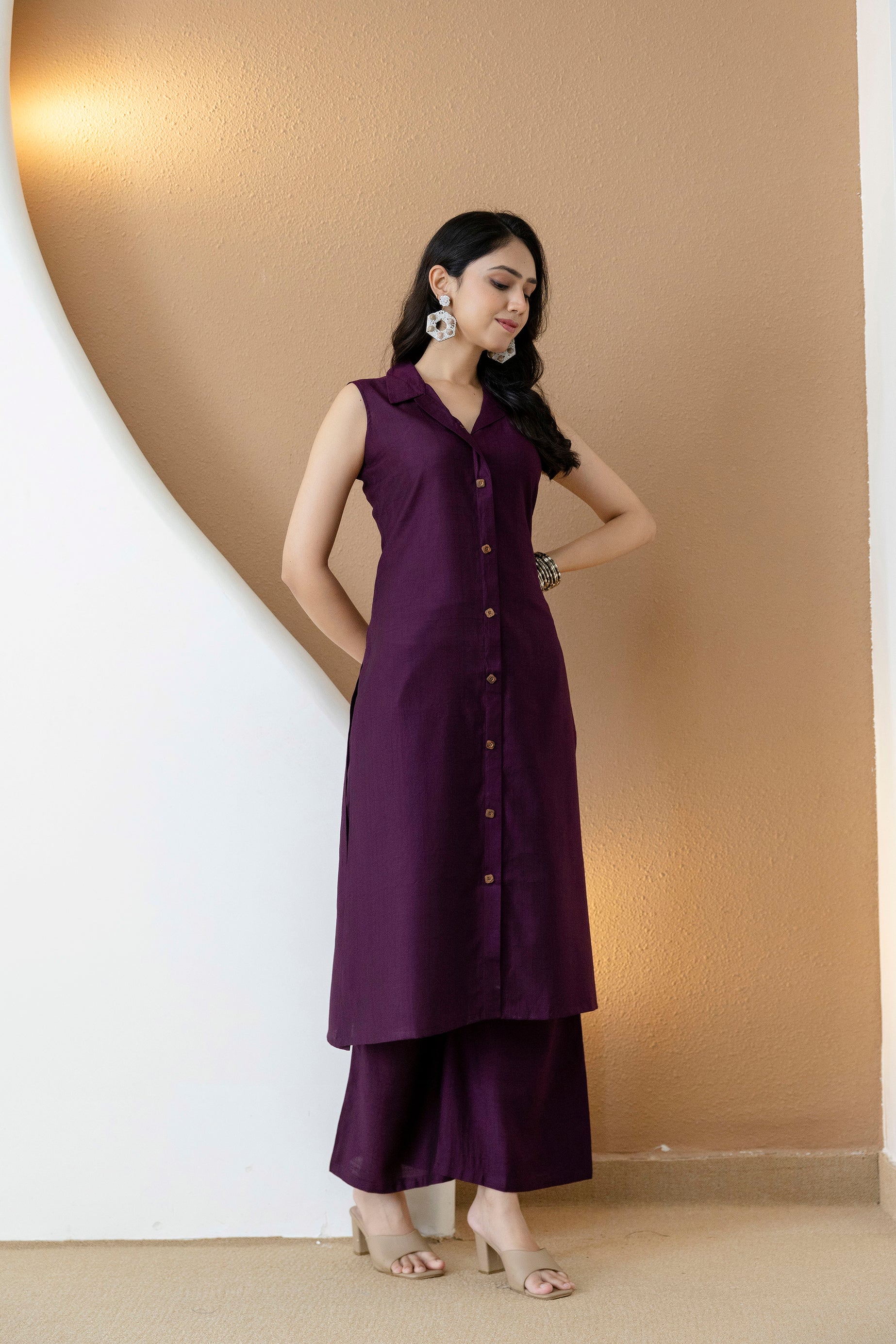Purple Shirt Style Kurta with Palazzo Set in Silk-Blend