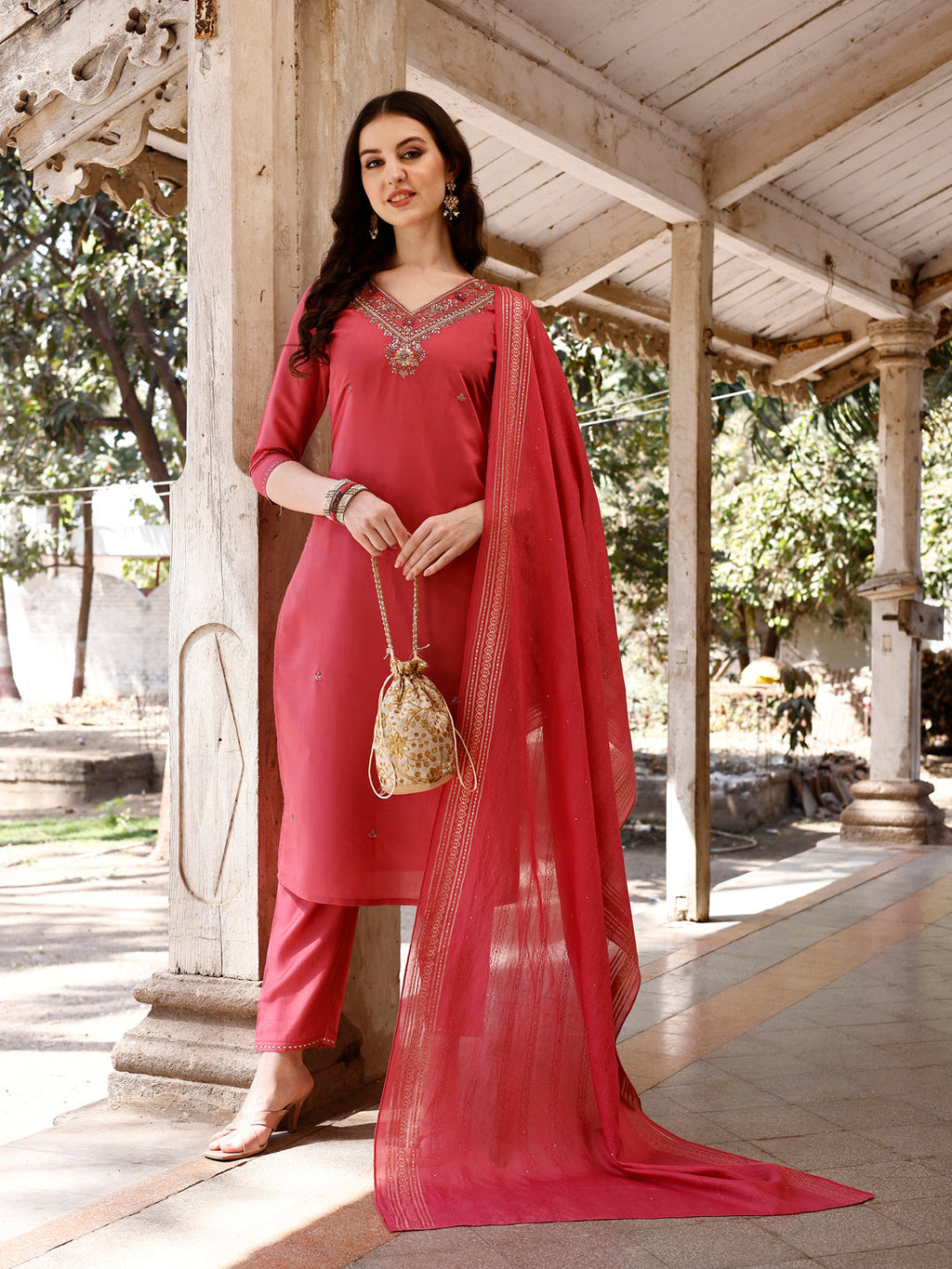 Multicolor hand embroidered kurta set with pant and rich Banarasi dupatta