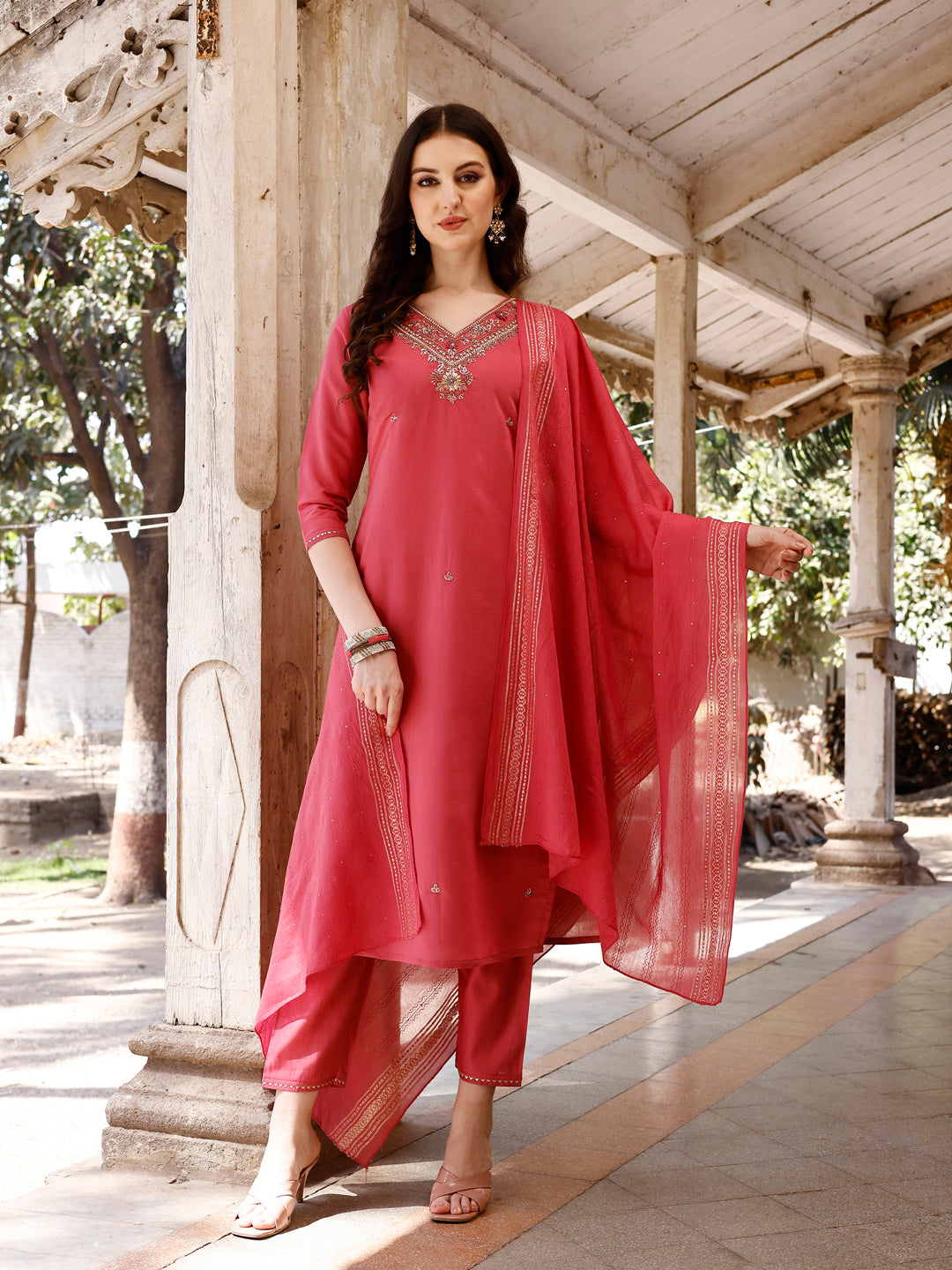 Multicolor Hand Embroidered Kurta Set with Pant and Banarasi Dupatta
