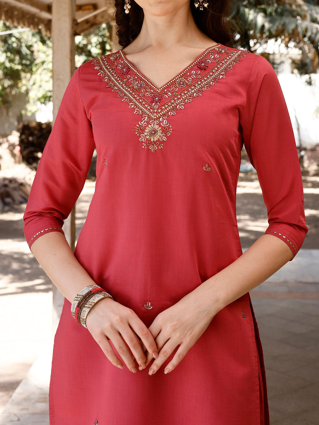 Multicolor Hand Embroidered Kurta Set with Pant and Banarasi Dupatta