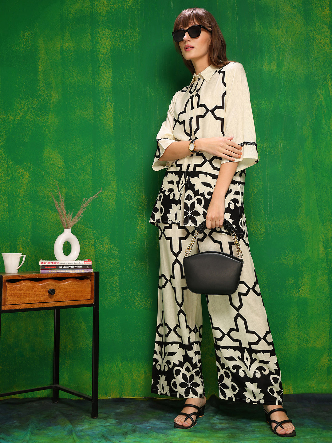 Cream Printed Co-Ord Set with Shirt and Palazzo - Versatile Style