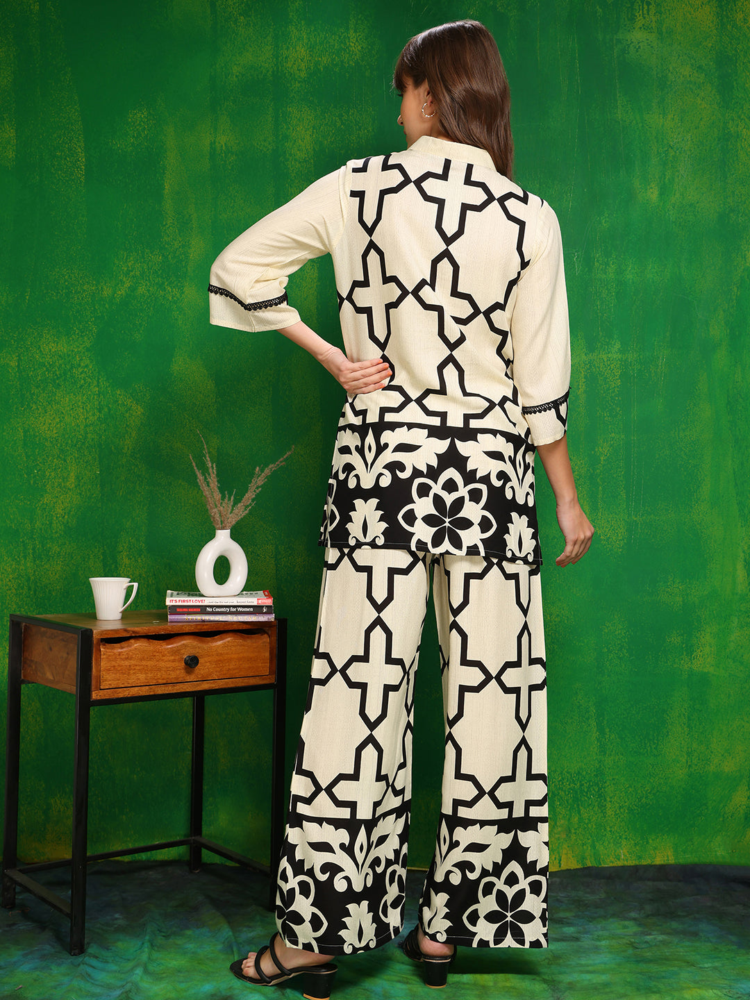 Cream Printed Co-Ord Set with Shirt and Palazzo - Versatile Style