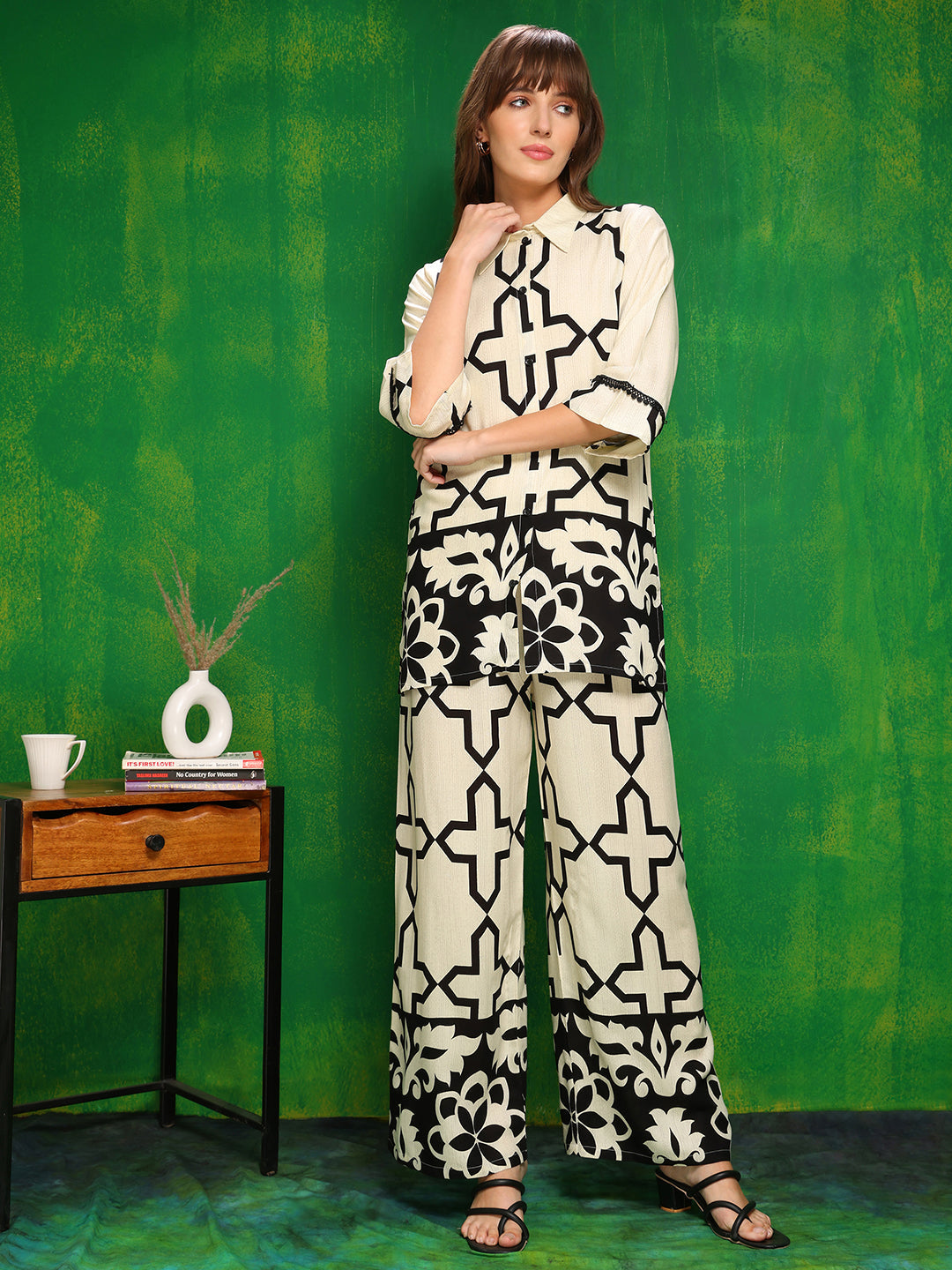Cream Printed Co-Ord Set with Shirt and Palazzo - Versatile Style