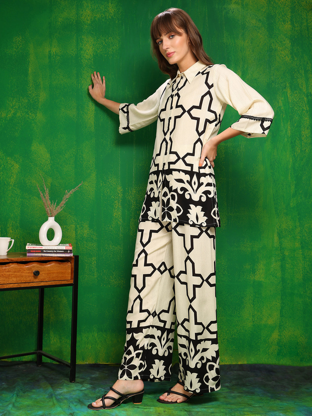 Cream Printed Co-Ord Set with Shirt and Palazzo - Versatile Style