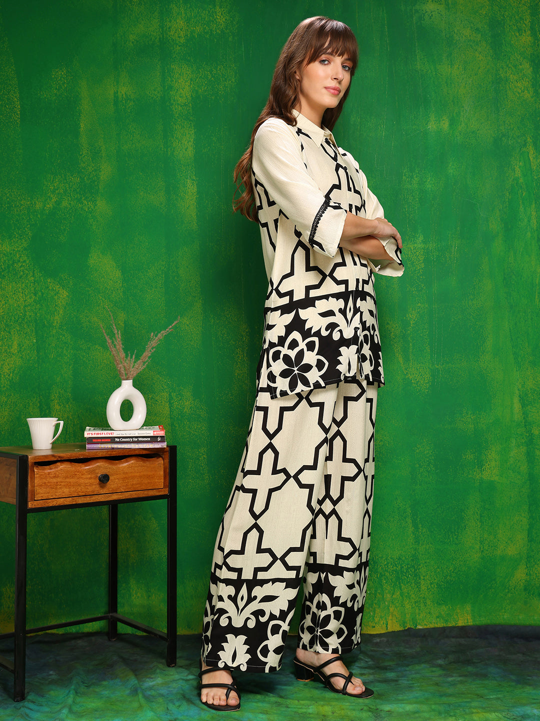 Cream Printed Co-Ord Set with Shirt and Palazzo - Versatile Style