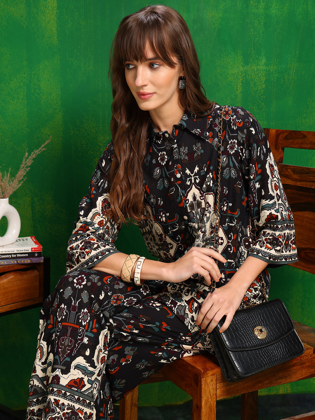Black Printed Co-Ord Set with Palazzo and Collar Neck Shirt
