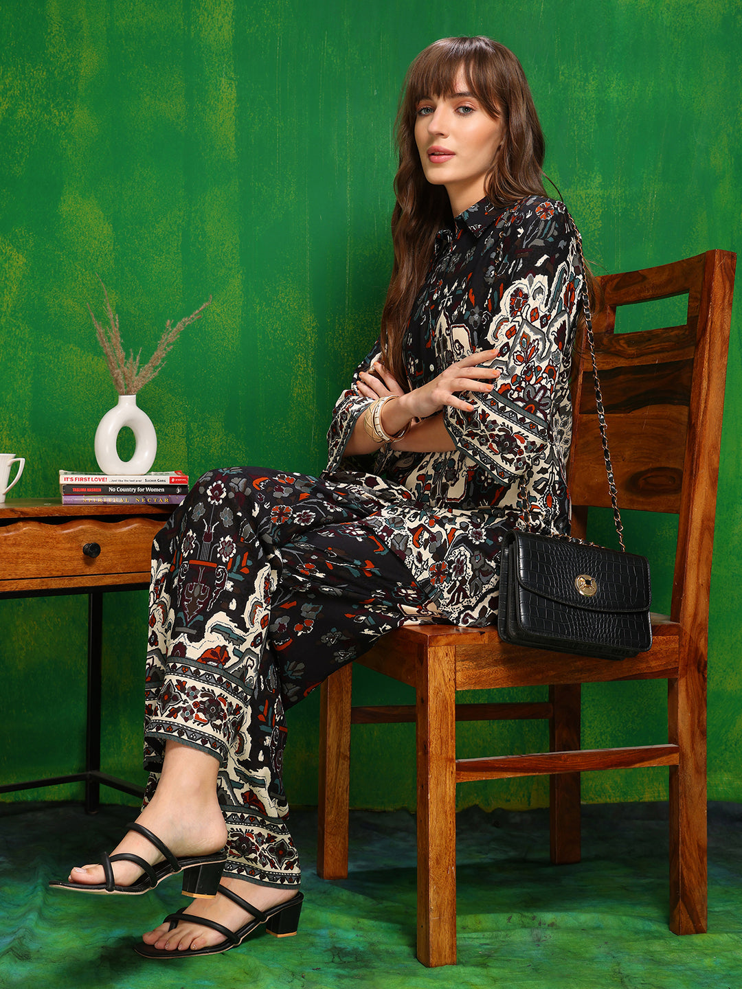 Black Printed Co-Ord Set with Palazzo and Collar Neck Shirt