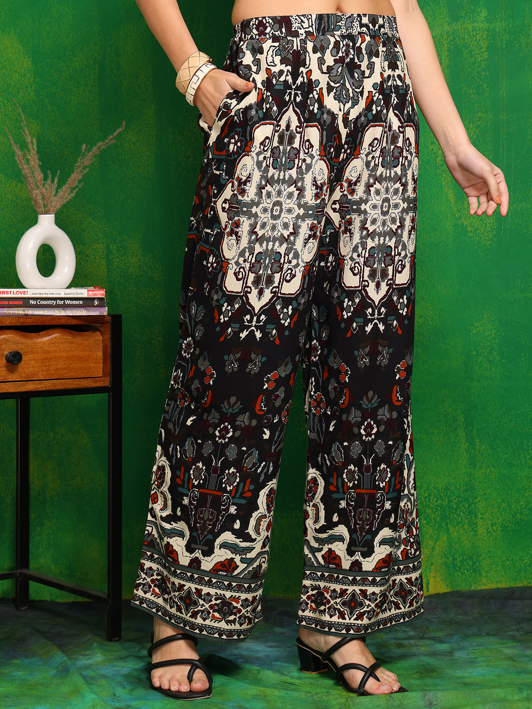 Black Printed Co-Ord Set with Palazzo and Collar Neck Shirt
