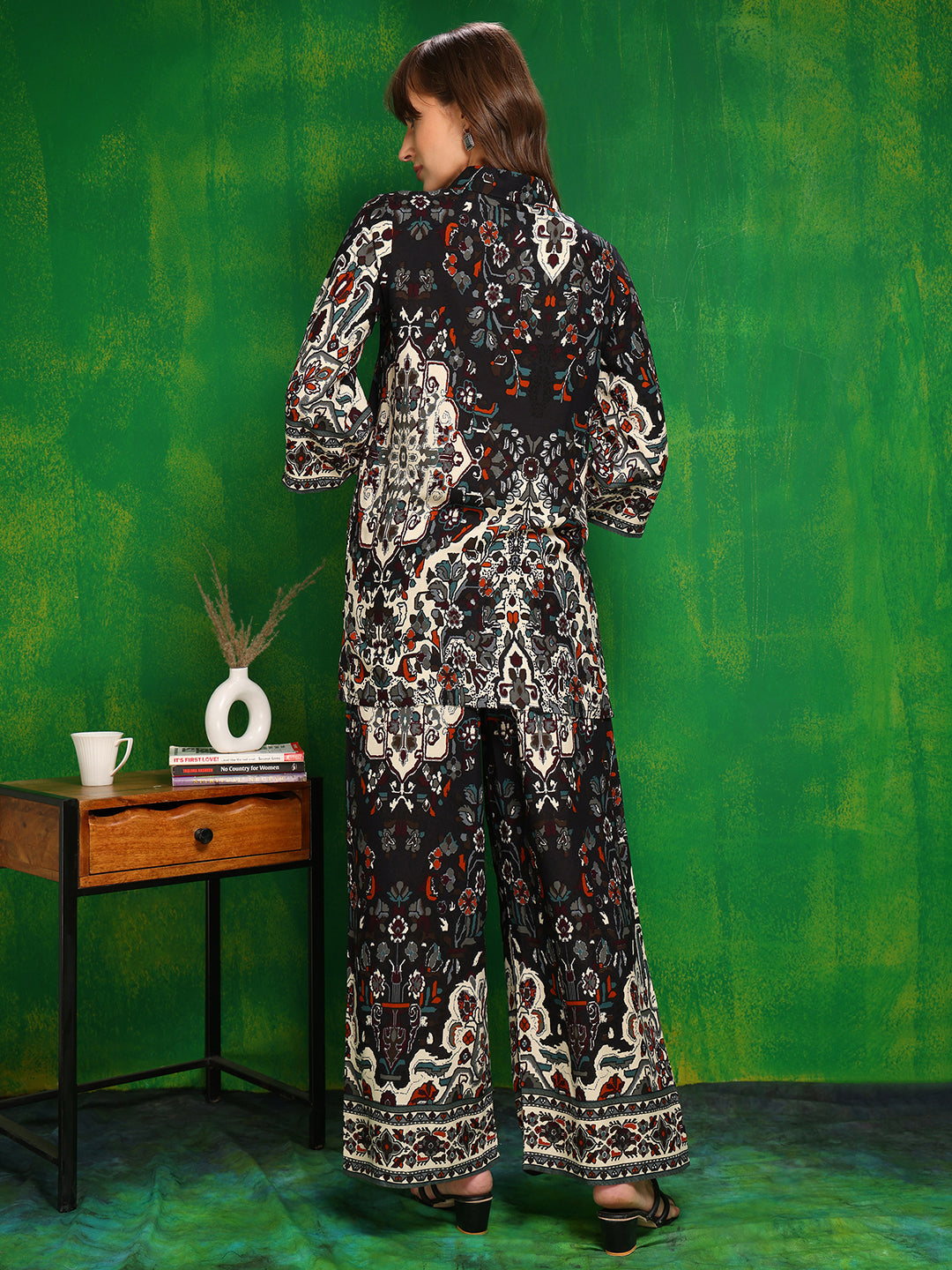 Black Printed Co-Ord Set with Palazzo and Collar Neck Shirt