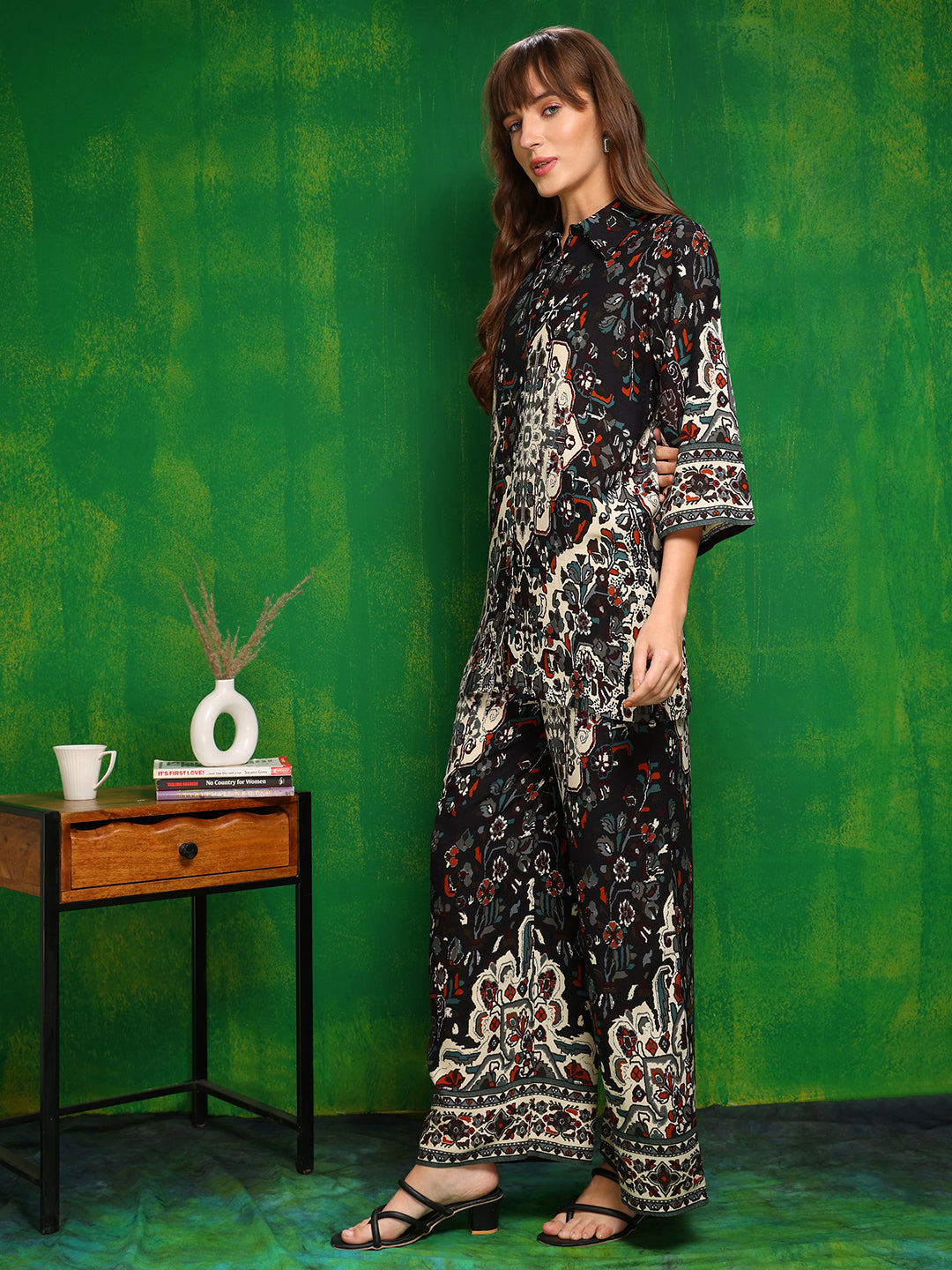 Black Printed Co-Ord Set with Palazzo and Collar Neck Shirt