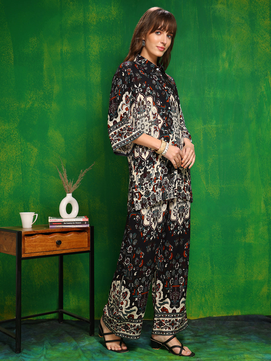 Black Printed Co-Ord Set with Palazzo and Collar Neck Shirt