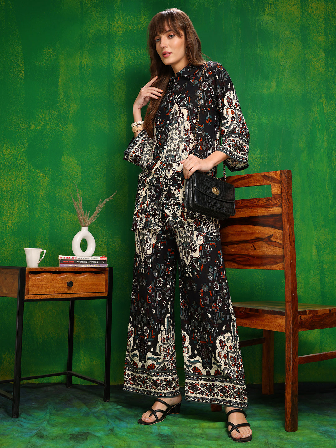 Black Printed Co-Ord Set with Palazzo and Collar Neck Shirt