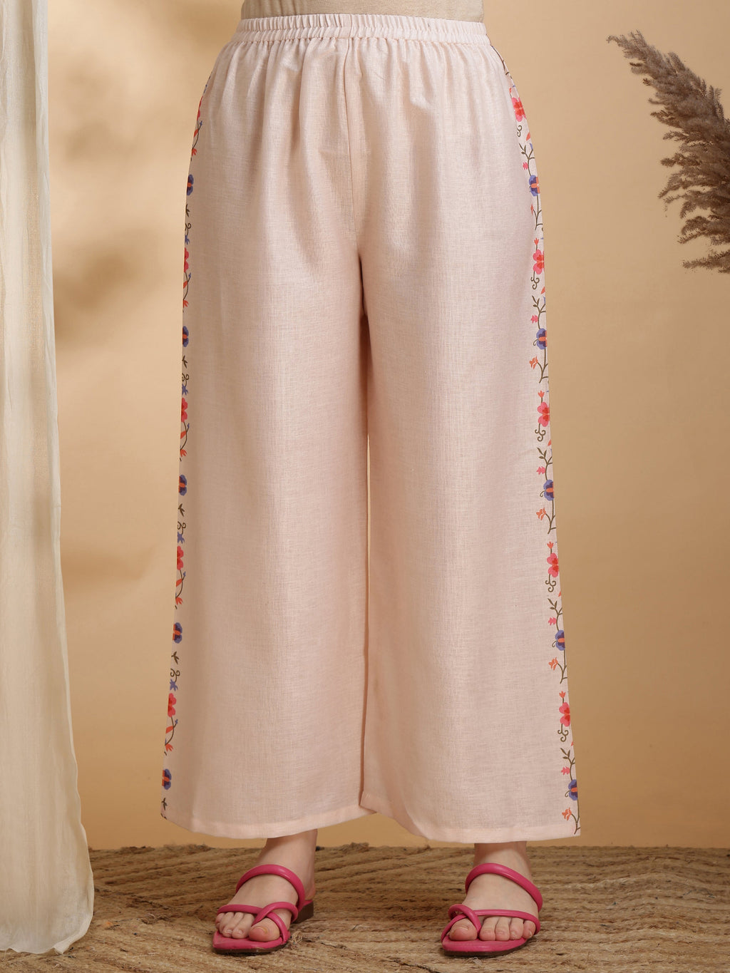 Beige Floral Print Tunic and Palazzo Co-Ord Set