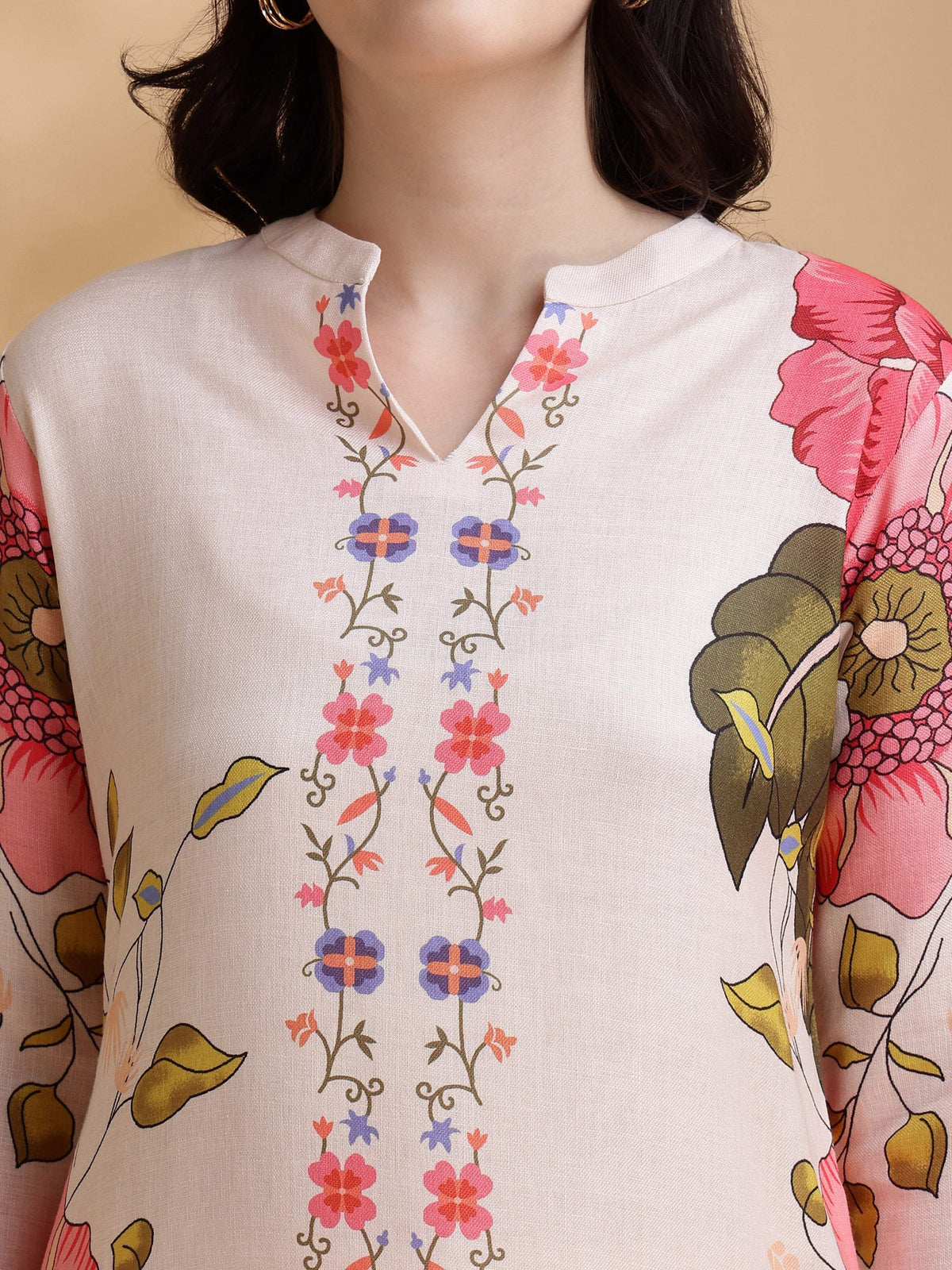 Beige Floral Print Tunic and Palazzo Co-Ord Set