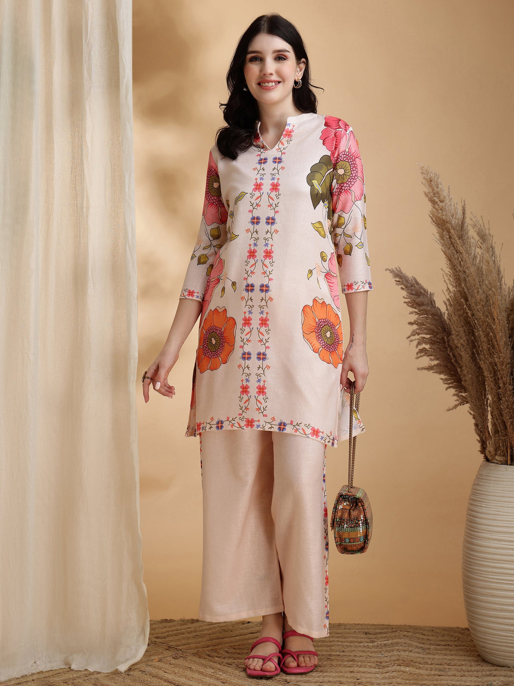 Beige Floral Print Tunic and Palazzo Co-Ord Set