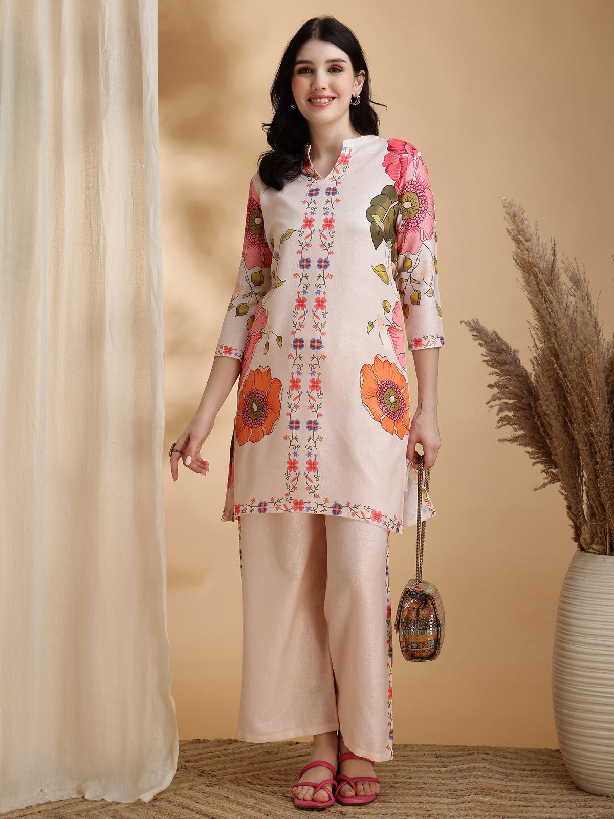Beige Floral Print Tunic and Palazzo Co-Ord Set