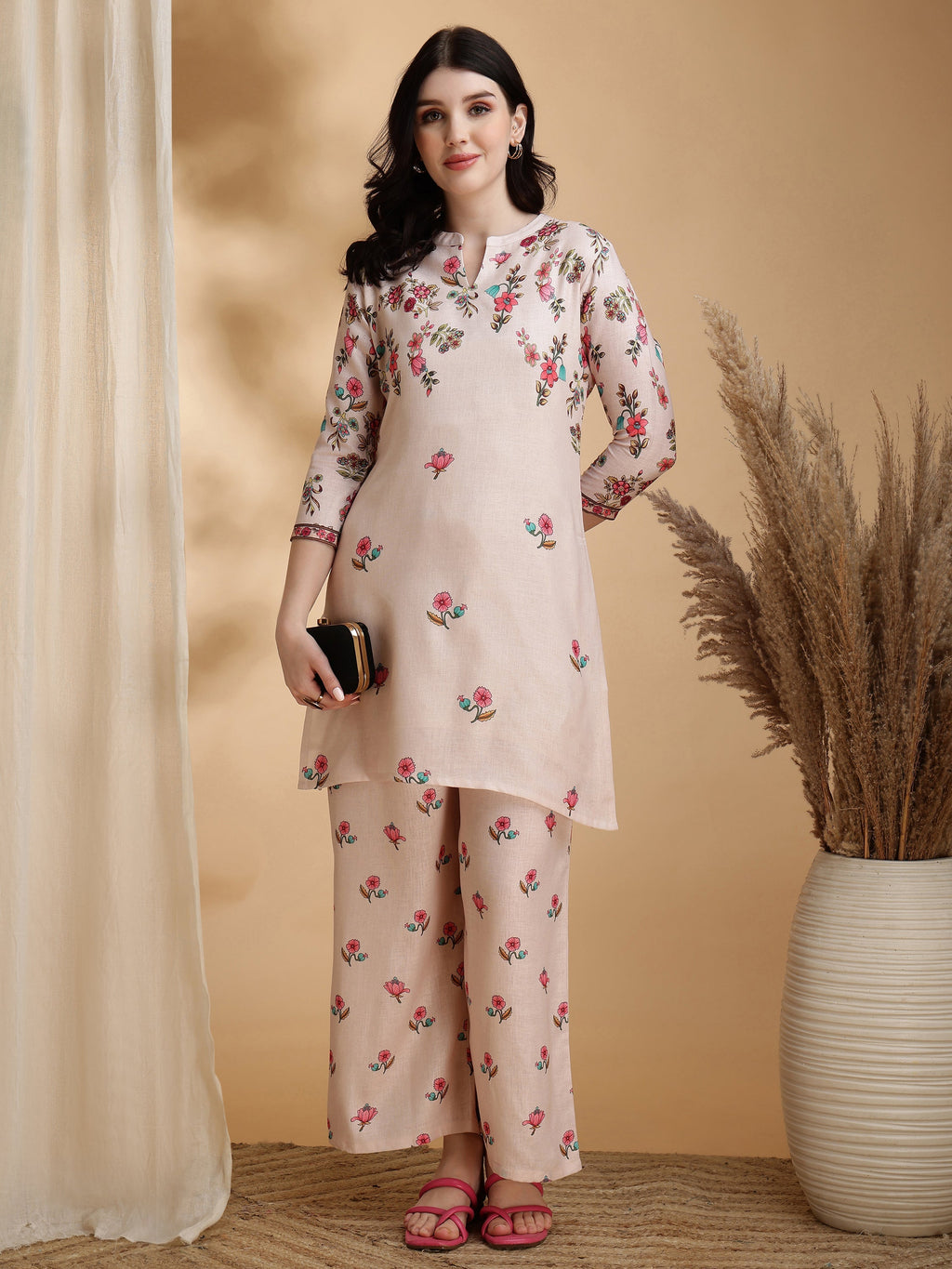 Floral Print Linen Co-Ord Set with Tunic and Palazzo in Beige